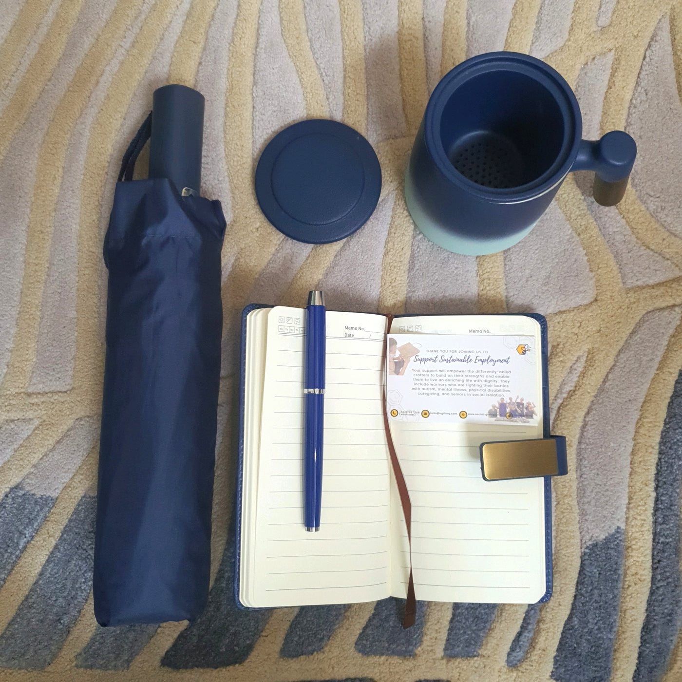 Gift Set - Tea Mug + Tea Strainer + Pen + Journal + Automatic Umbrella