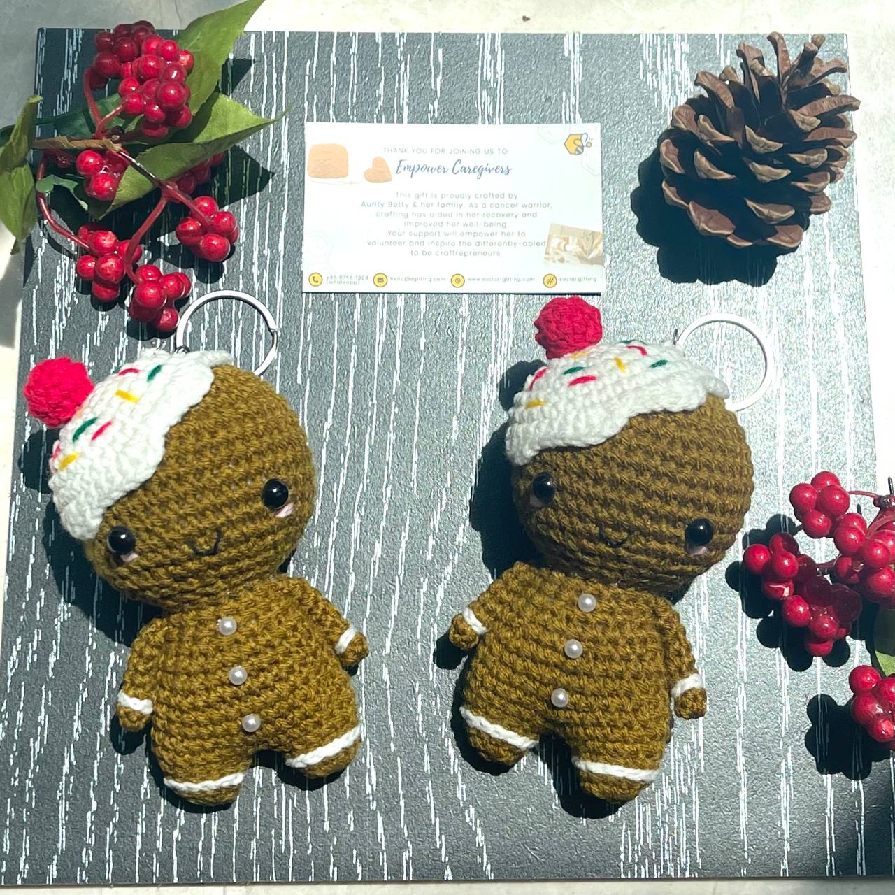 Hand-Crocheted Gingerbread Man with Hat Keyring